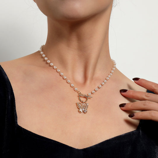 Jewelry Fashion OT Buckle Crystal Butterfly Pendant Necklace Women's Trendy Temperament Versatile Pearl Necklace