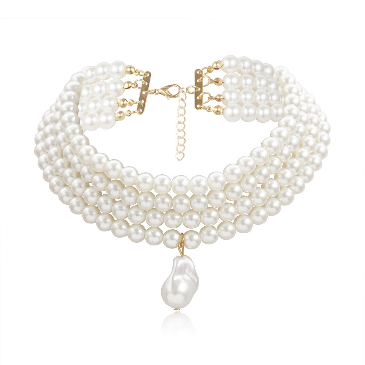 Multilayer Imitation Pearl Opposite Sex Pendant Necklace Geometric Beaded Choker Jewelry