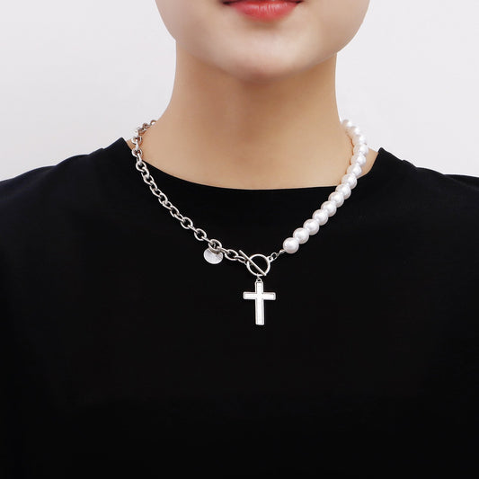 Jewelry Stitching Chain Imitation Pearl Cross Fritillary Pendant Necklace Sweater Necklace Women