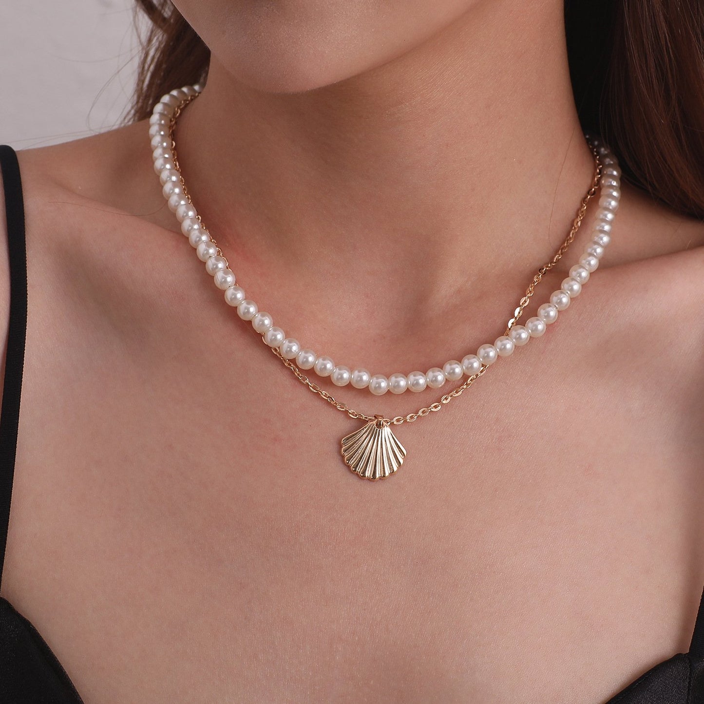 Jewelry Temperament Pearl Scallop Alloy Pendant Necklace Female Fashion Simple Handmade Double Layer Necklace