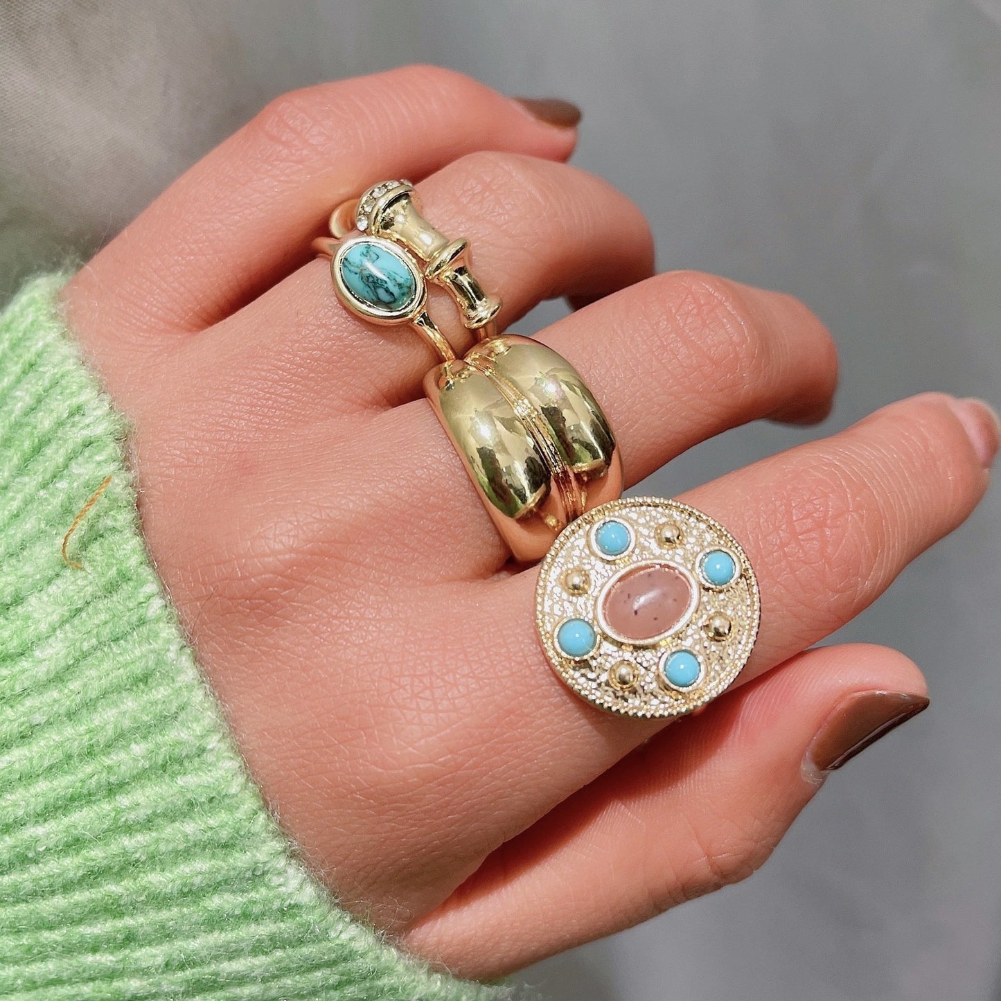 Retro court inlaid turquoise ring set metal texture bamboo ring index finger ring female