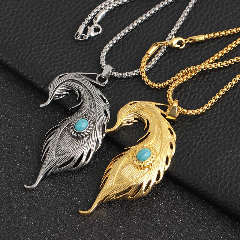 Feather Turquoise Pendant Hiphop Necklace Men