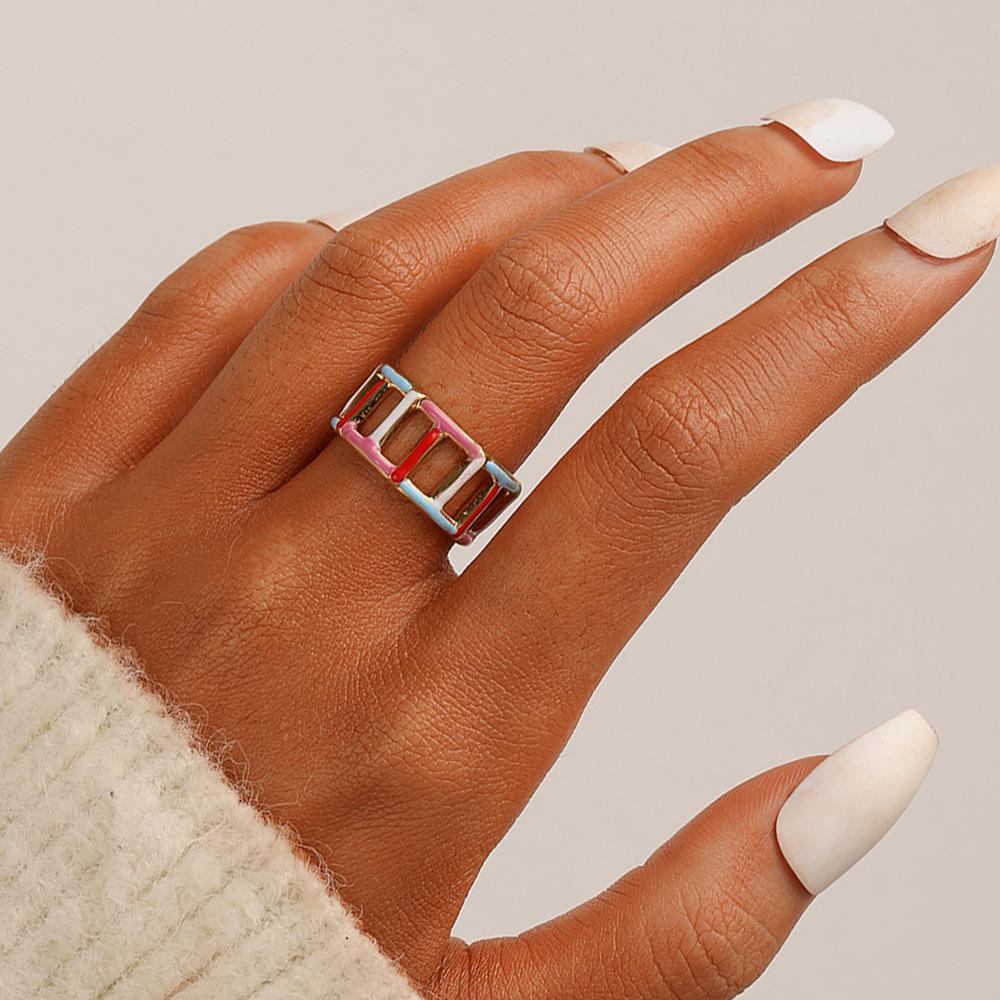 Fashionable high-level cold ins stainless steel opening color drop oil simple line ring