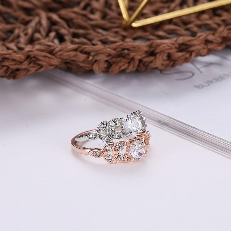 Temperament Diamond Feather Ring Leaf Zircon Ring Ladies Bridal Jewelry