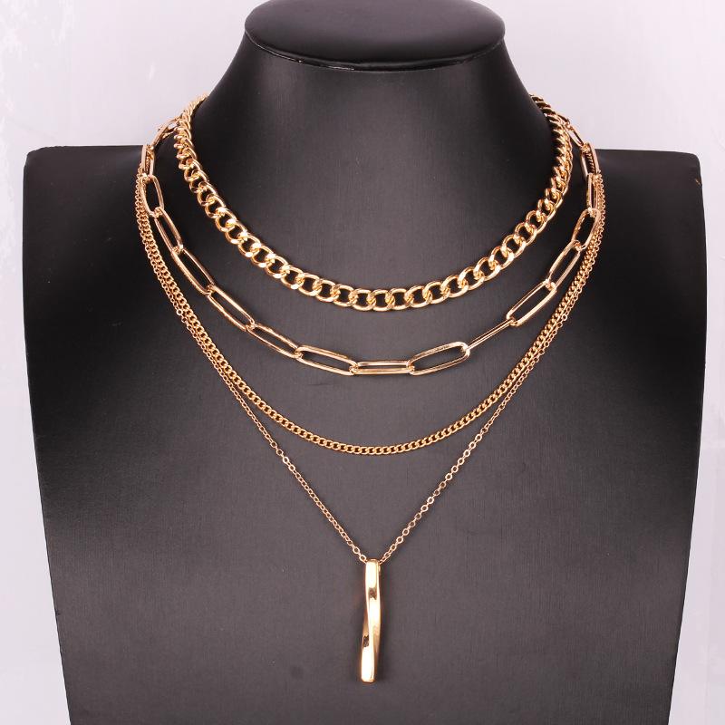 Creative twisted metal rod tassel multi-layer set chain stacked cross chain sweet cool necklace