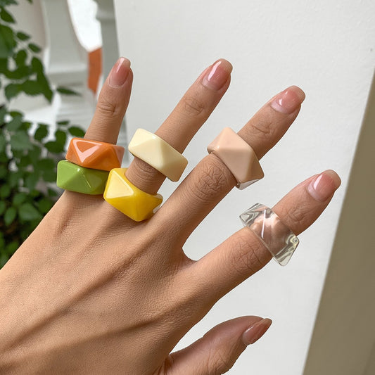 Trendy colorful acrylic plain ring fashion simple geometric rhombus resin ring jewelry