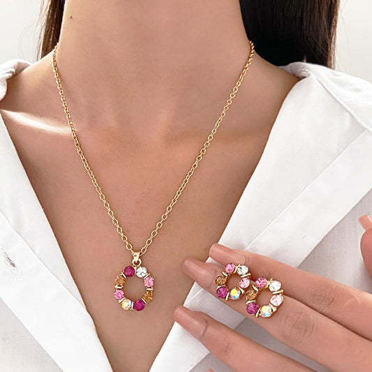 Ins color diamond jewelry set women's fashion personality temperament hollow out round pendant necklace earrings set tide
