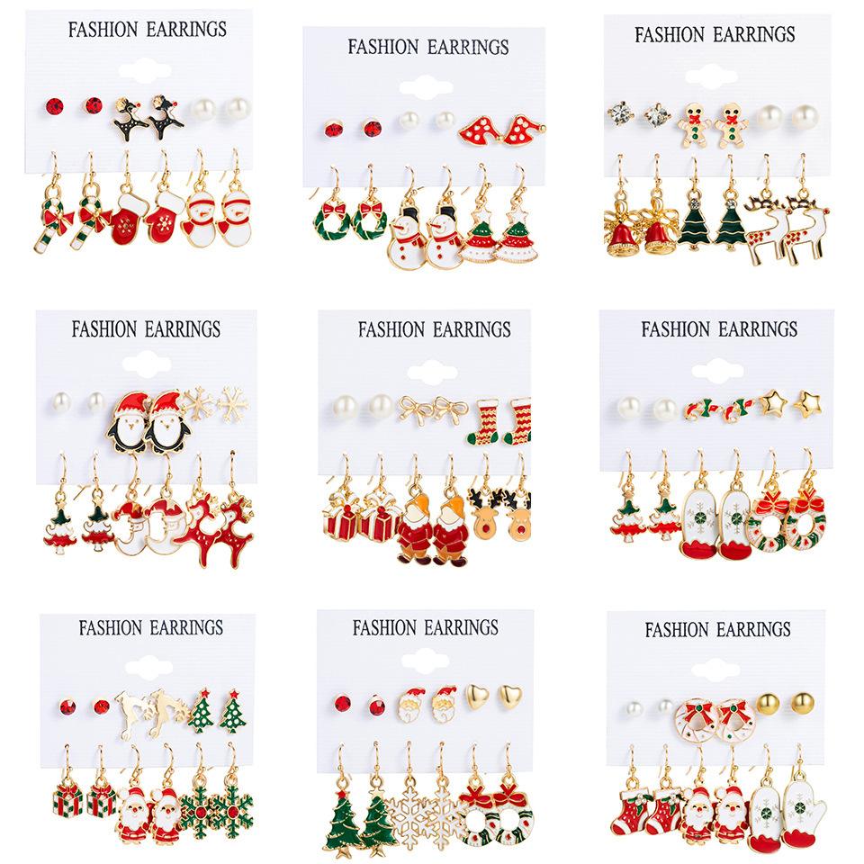Christmas series snowflake bell earrings combination set cartoon oil dripping cane old man earrings female