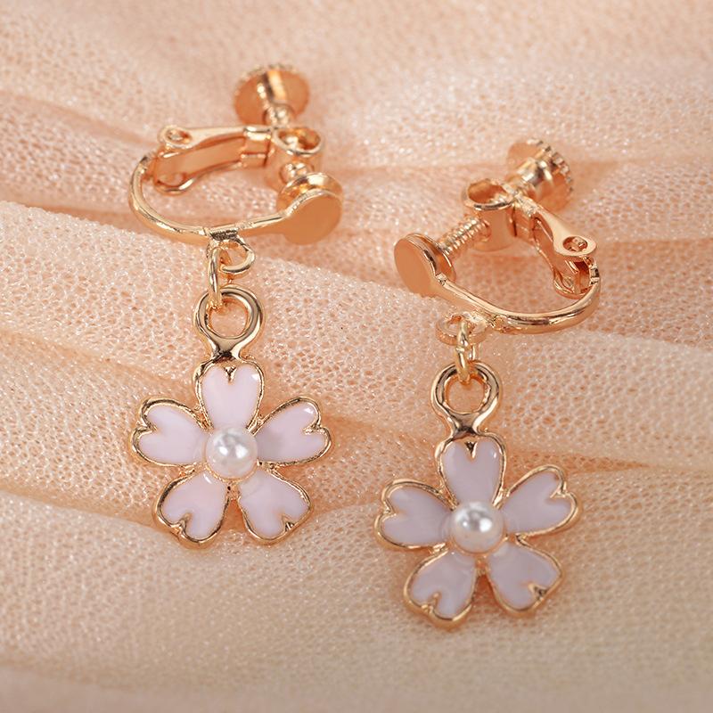 Small fresh dripping oil pink flower pearl earrings five-leaf flower earrings earrings ear clips