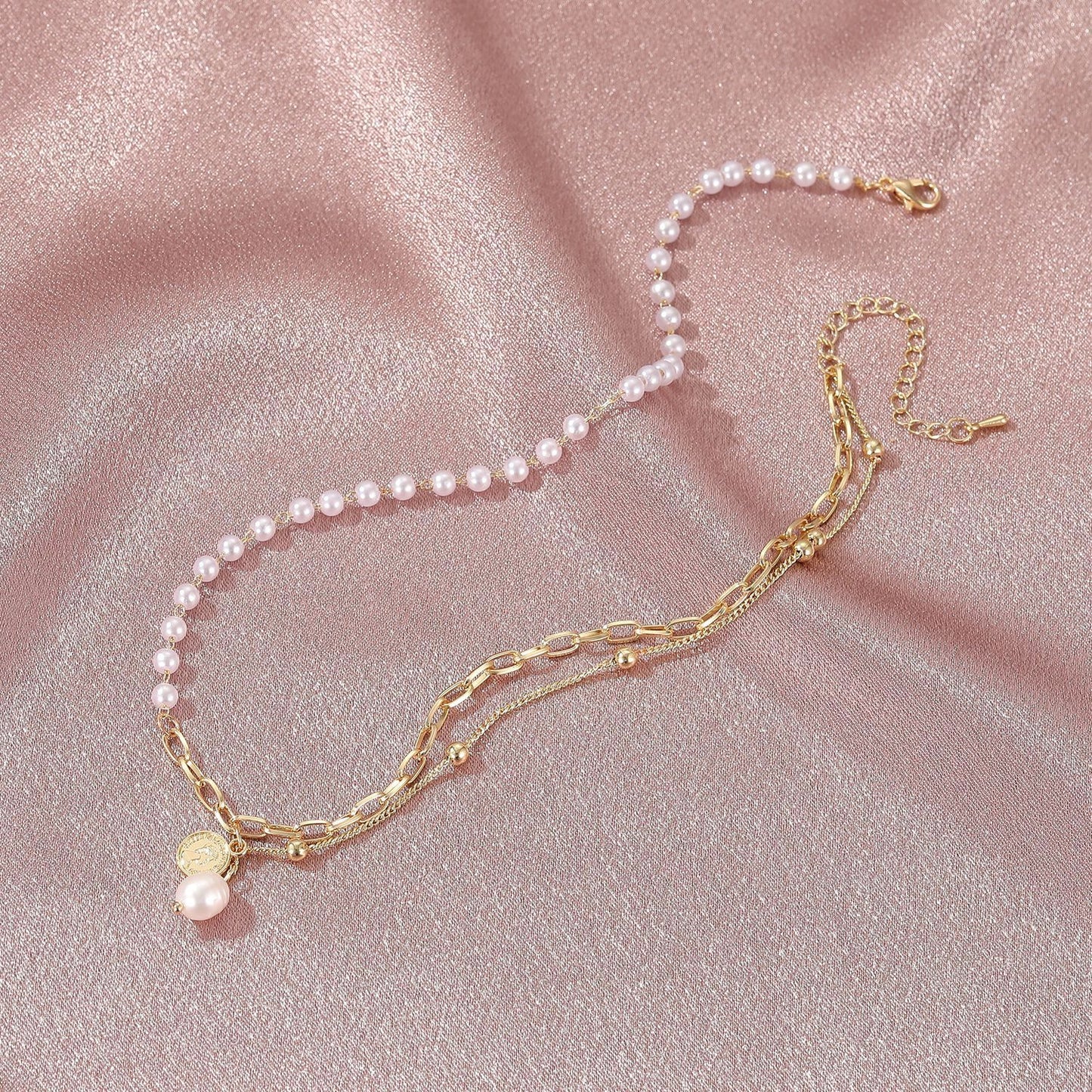Retro Chain Pearl Pendant Necklace Fashion Temperament Trend Double Stacked Portrait Stitching Necklace