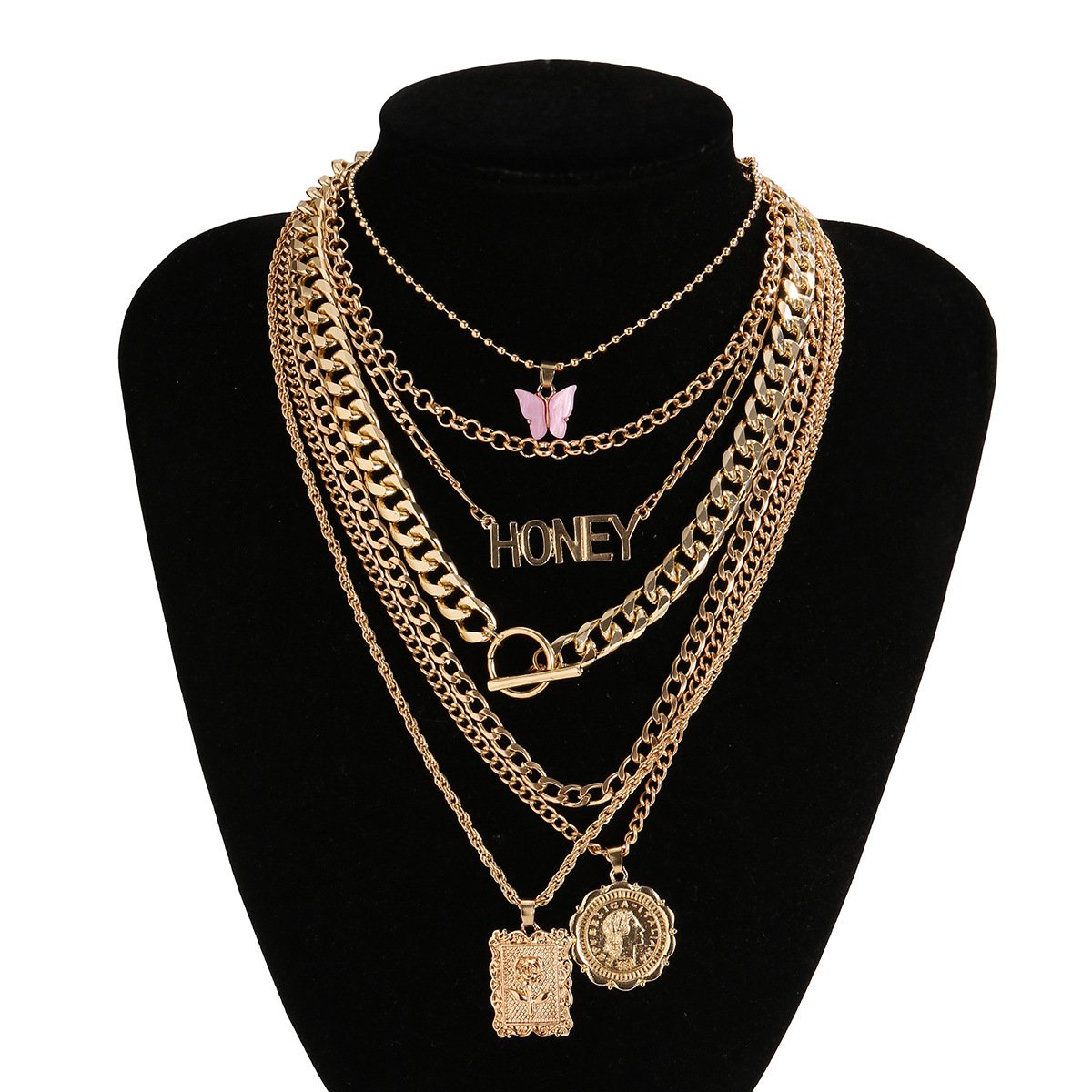 Fashion Jewelry Personality Simple OT Buckle Multilayer Necklace Hip Hop Retro Metal Butterfly Necklace Female