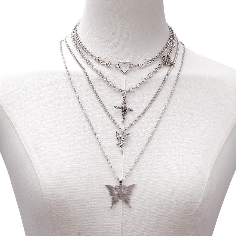 Temperament trendy female clavicle chain fashion little angel necklace personality cross butterfly pendant multi-layer necklace