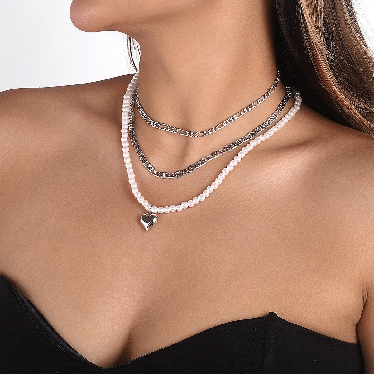 N1273 Street Shot Personality Necklace Pearl Heart Stacked Necklace Retro Small Fashion Necklace