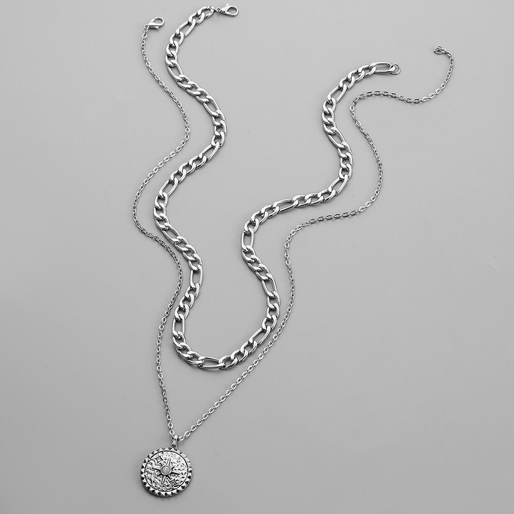 Trendy Men's Personality High Sense Simple Fashion Double Sun Hammer Pattern Coin Pendant Necklace Necklace