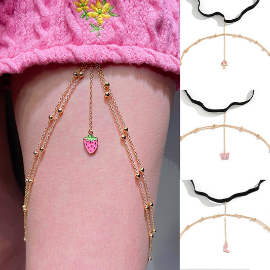 Sweet and Simple Strawberry Butterfly Thigh Chain Feminine Mushroom Metal Ball Chain Body Chain