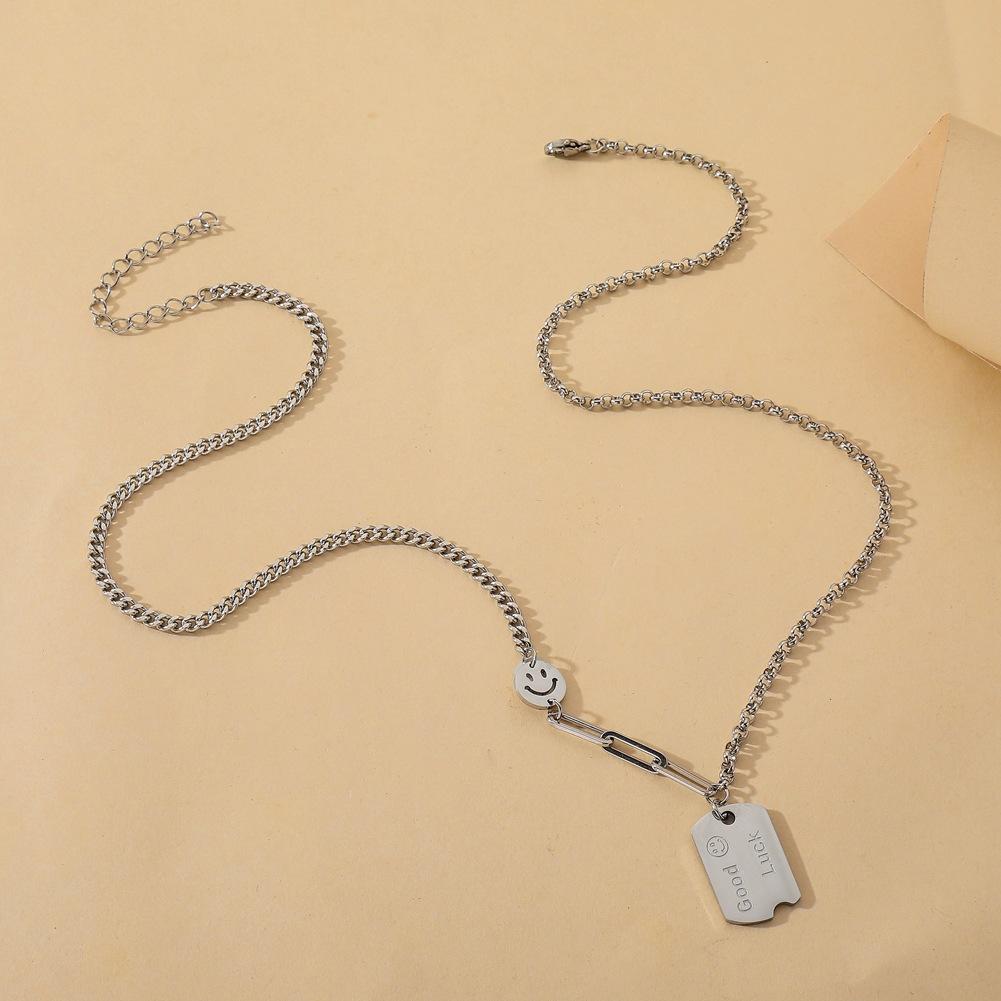 ins lucky nameplate necklace titanium steel sign collarbone sweater chain smiley coin stainless steel pendant necklace