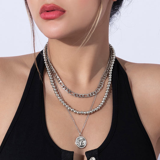 Accessories Hollow Metal Embossed Chain Necklace Sweet Cool Punk Multilayer Bead Portrait Necklace Female