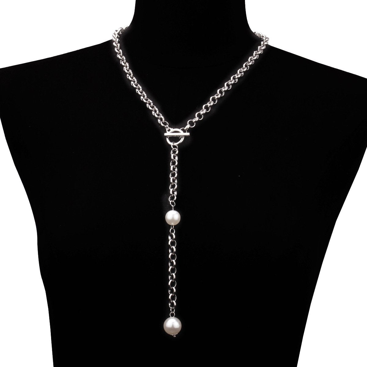 Fashion Pearl Long Pendant Necklace Ladies Punk OT Buckle Metal Chain Pearl Necklace