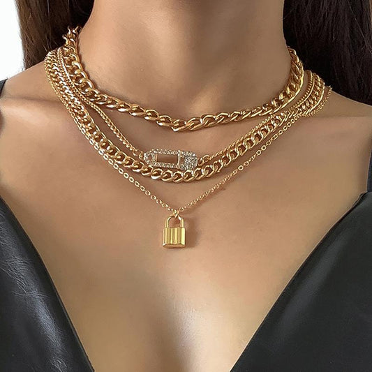 Jewelry Hip Hop Trend Diamond Pin Lock Necklace Female Simple Metal Chain Clavicle Necklace