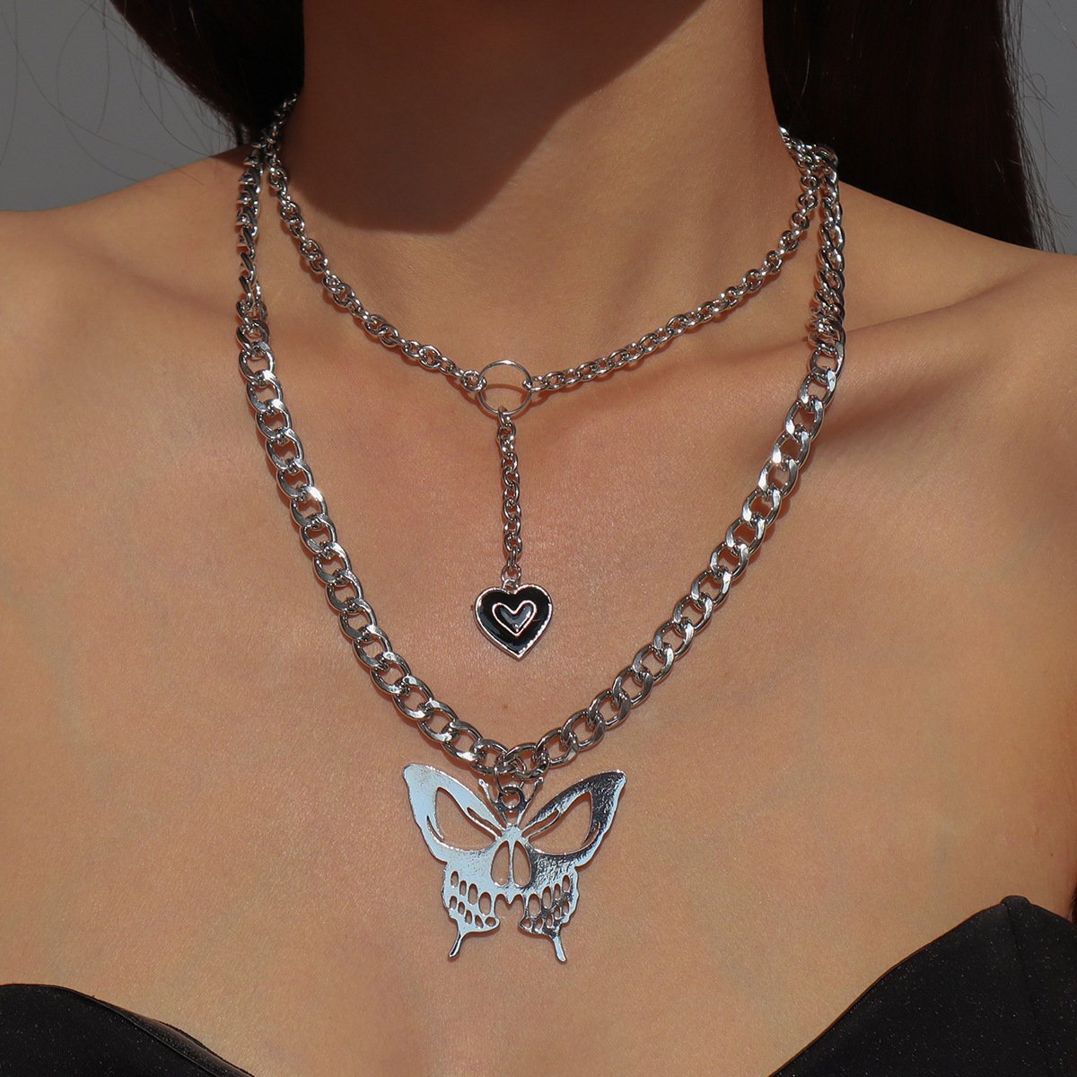 N9983 Exaggerated Punk Chain Necklace Creative Hollow Butterfly Drip Oil Heart Necklace Double Stacked Necklace