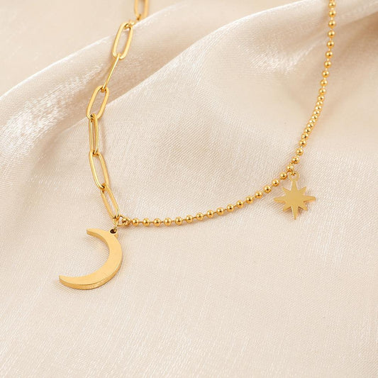 Simple fashion stainless steel splicing gold moon star necklace collarbone chain all-match personalized female jewelry