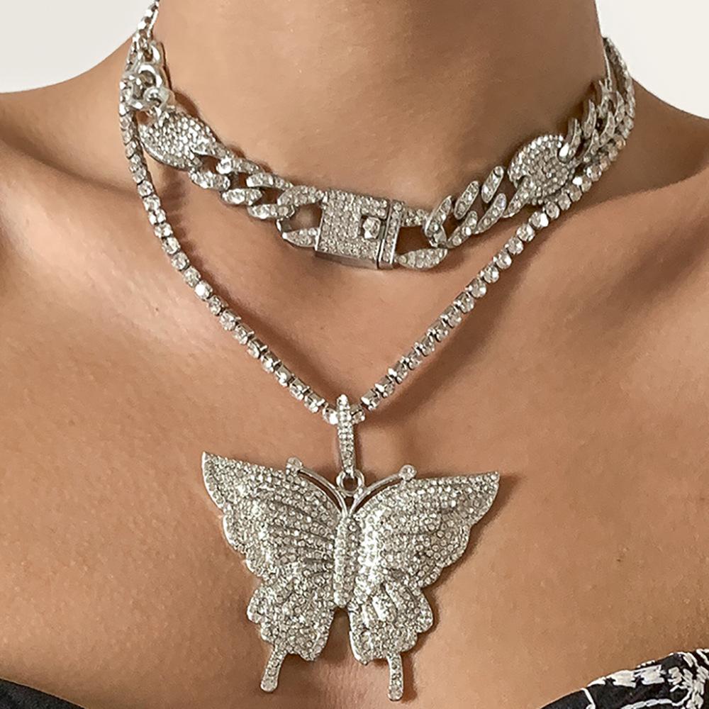 Jewelry Hip Hop Full Diamond Cuban Chain Necklace Female Trend Diamond Big Butterfly Clavicle Necklace
