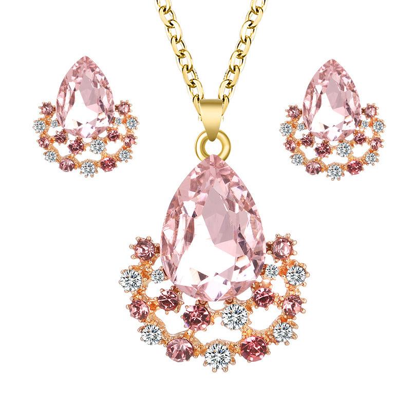 Fashion Jewelry Set Simple Water Drop Crystal Gem Pendant Necklace Earrings Stud Set Female Jewelry