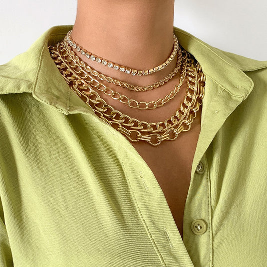 Jewelry Hip Hop Metal Hollow Chain Set Necklace Punk Claw Chain Rhinestone Twist Chain Necklace