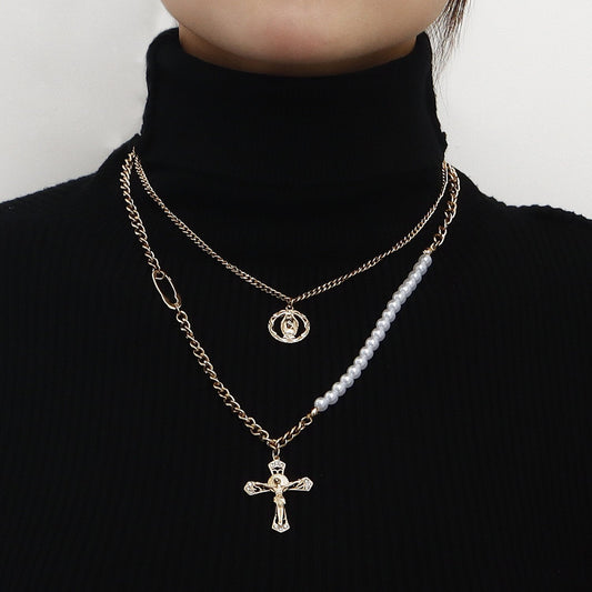 Explosive Necklace Fashion Personality Design Double Stacked Clavicle Chain Pearl Stitching Cross Sweater Chain