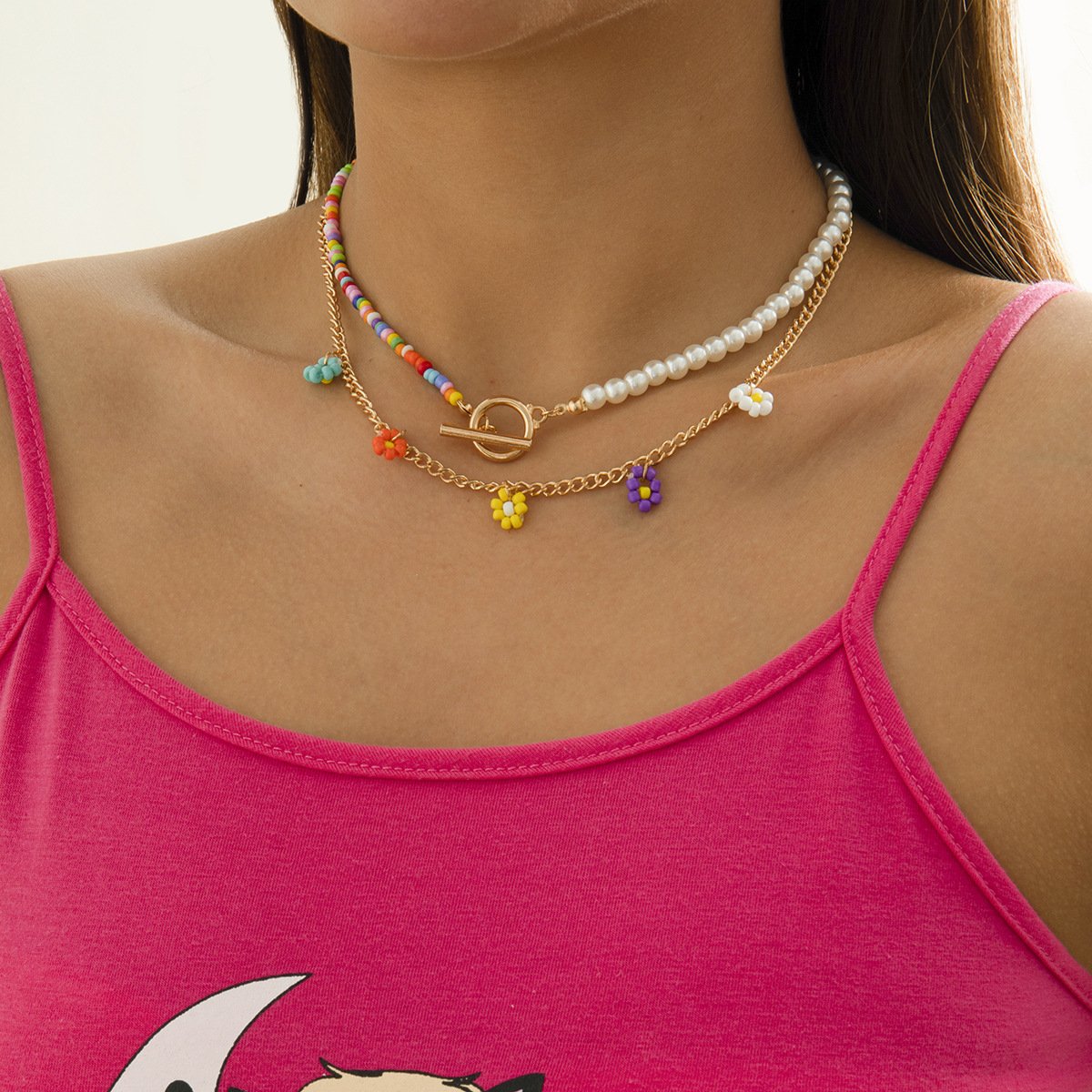 Jewelry sweet cool small daisy flower pendant simple color rice beads beaded necklace female