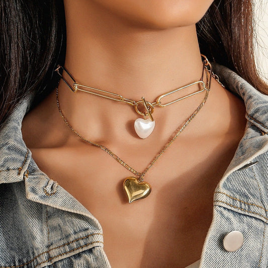Trendy Double Love Pearl Necklace Simple Temperament Cold Peach Heart Pendant Necklace Clavicle Chain