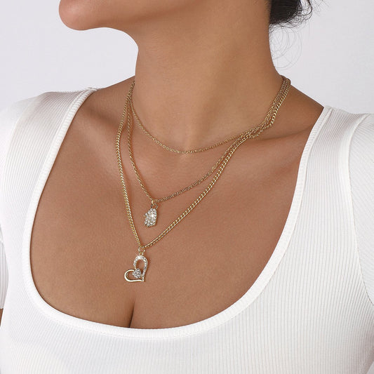 N1192 Hip Hop Multi-Layered Necklace Women's Love Palm Micro-inlaid Metal Personality Sweet Necklace