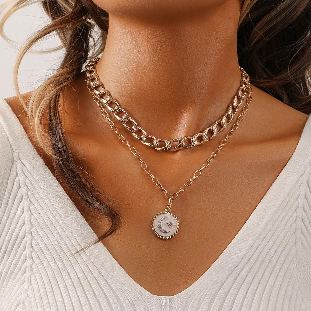 Fashion light luxury niche design sense double-layer Cuban chain round coin moon star drop oil necklace female