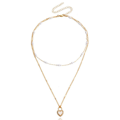 Jewelry Imitation Pearl Double Heart Pendant Necklace Sweater Chain Fashion Versatile Personality Design Necklace