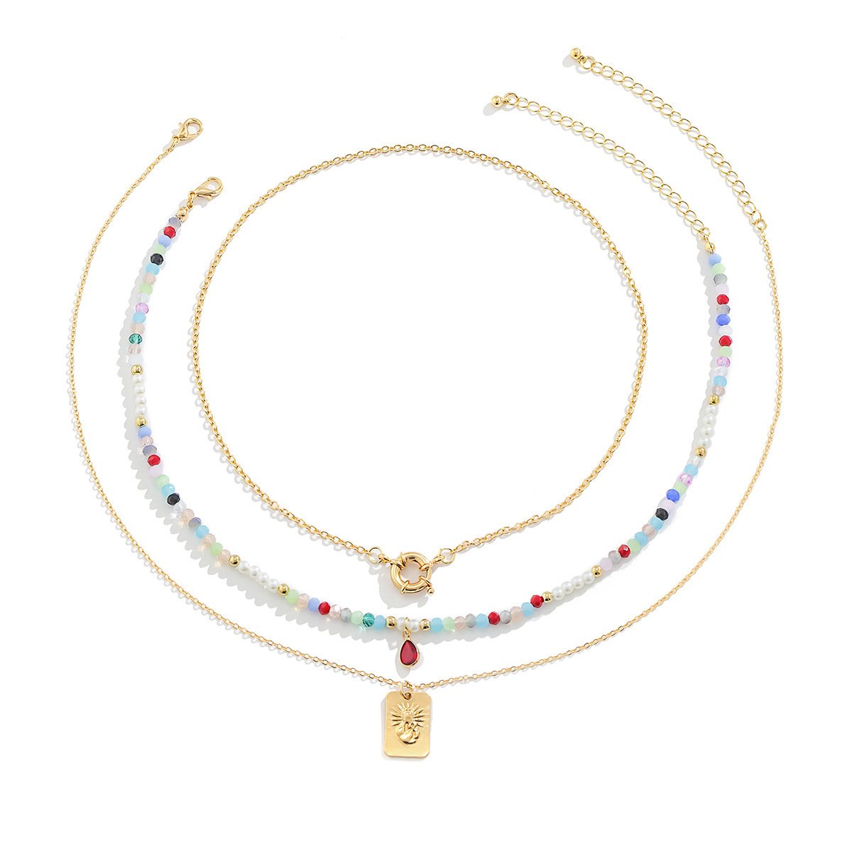 Jewelry Simple Metal Portrait Embossed Multilayer Necklace Retro Ethnic Imitation Crystal Beaded Necklace