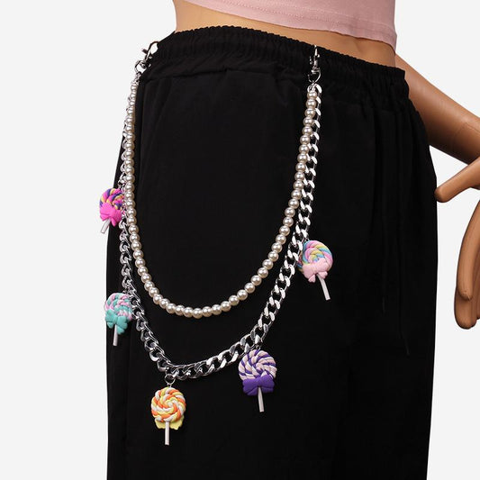 Jewelry Fashion Creative Bow Knot Lollipop Pants Chain Cartoon Cotton Candy Double Layer Pearl Waist Chain