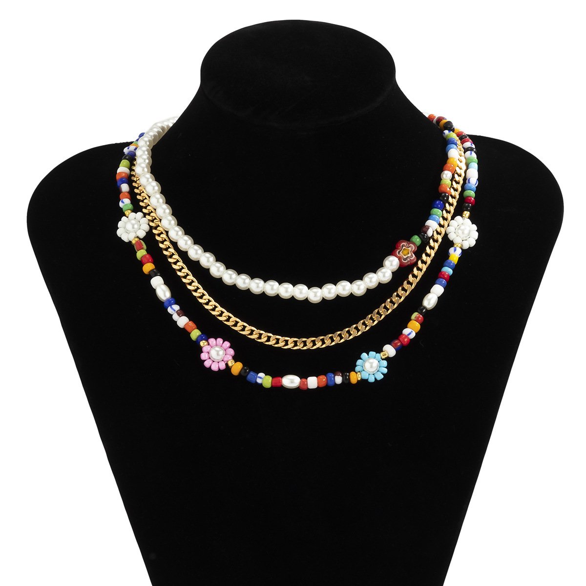 Hip Hop Sweet Cool Metal Chain Pearl Necklace Bohemia Small Daisy Flower Rice Bead Necklace