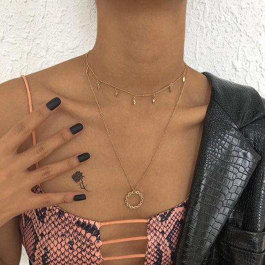 N9285 Double Chain Necklace Small Fresh Sweet Geometric Necklace Simple Fashion Hollow Ring Necklace