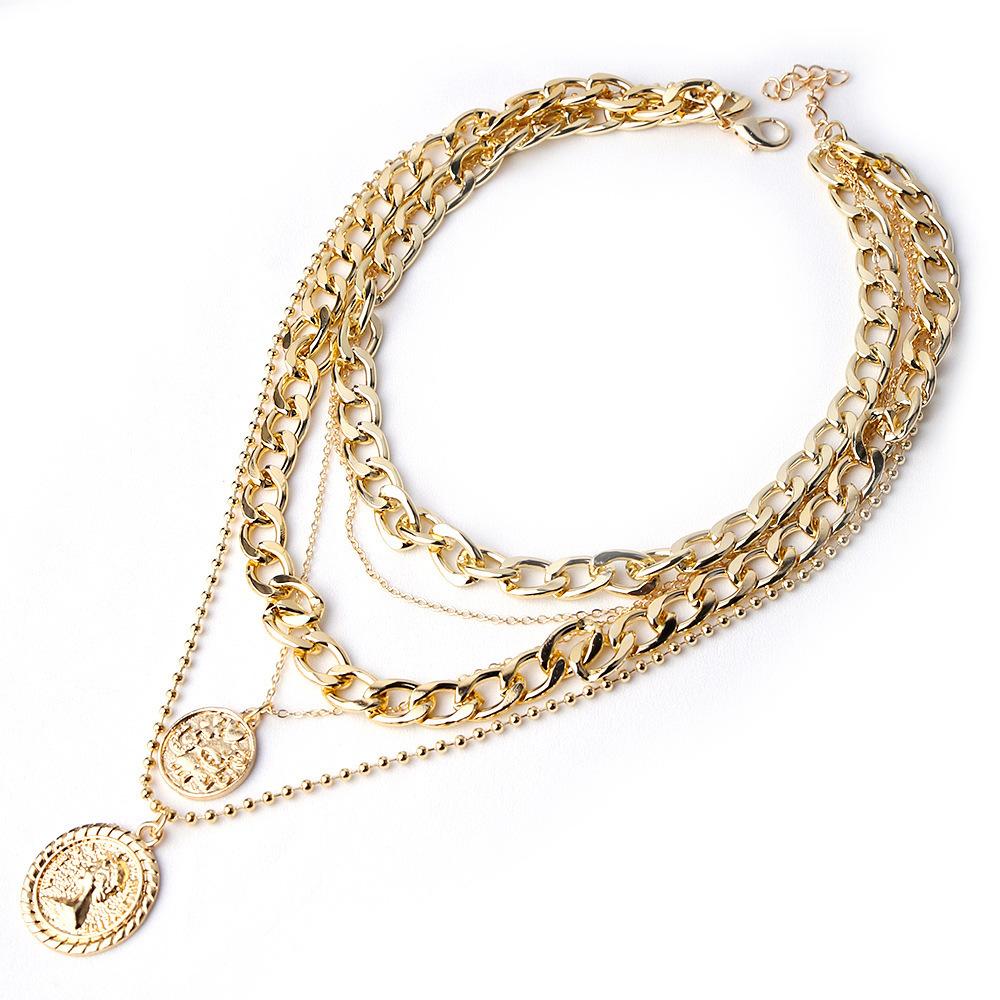 Popular Multilayer Necklace Round Plate Hip Hop Queen Lace Pendant Necklace Clavicle Chain Necklace