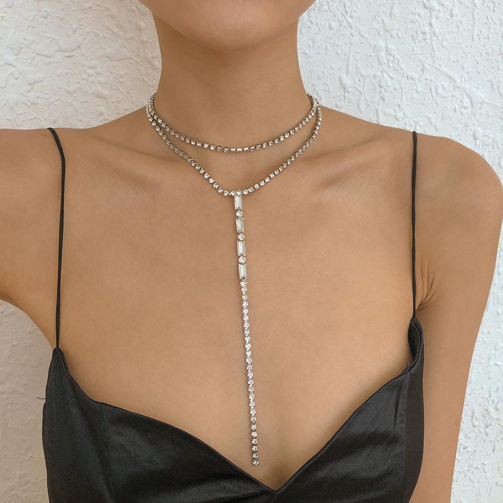 N9872 Fashion Versatile Y-shaped Necklace Simple Temperament Full Diamond Back Chain Super Flash Light Luxury Double Layer Necklace Women