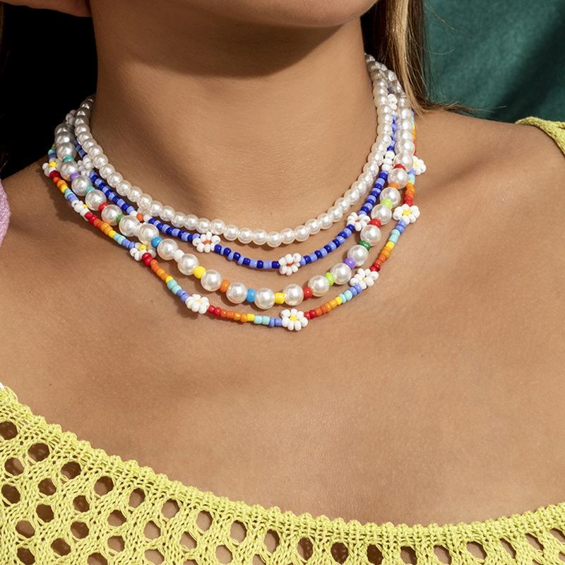 Jewelry Beach Color Daisy Flower Rice Bead Necklace Feminine Pearl Beaded Multilayer Necklace