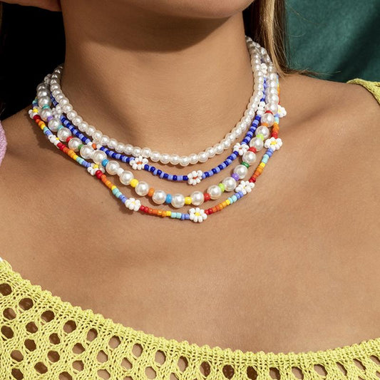 Jewelry Beach Color Daisy Flower Rice Bead Necklace Feminine Pearl Beaded Multilayer Necklace