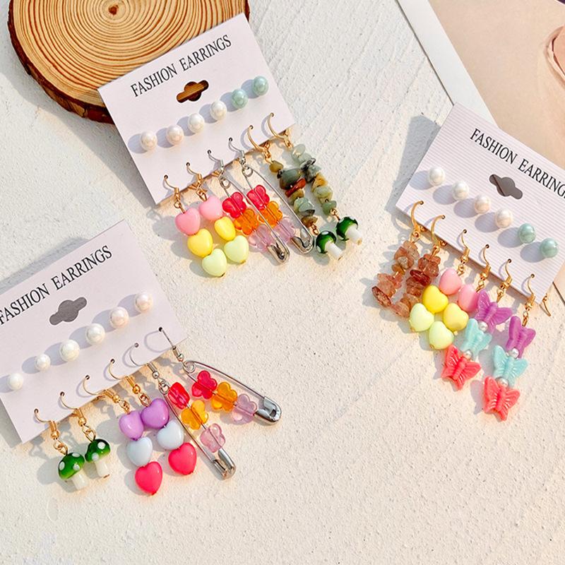 Ins color butterfly heart earring set fashion pearl flower mushroom earring six-piece set trendy