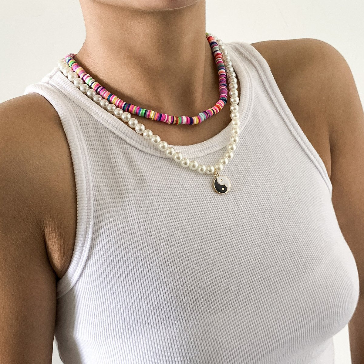 Jewelry Retro Soft Pottery Color Set Necklace Female Simple Tai Chi Imitation Pearl Geometric Necklace
