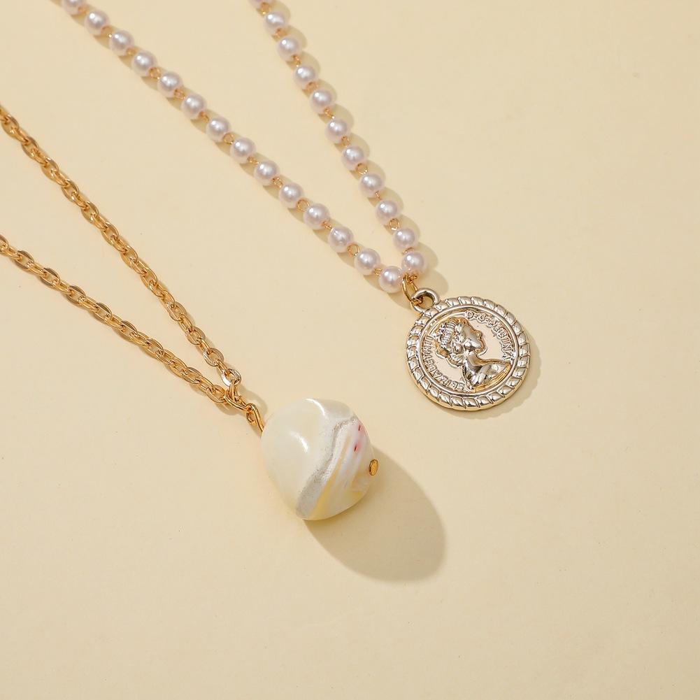Ins temperament freshwater special-shaped pearl pendant personality portrait embossed coin fashion double layer necklace