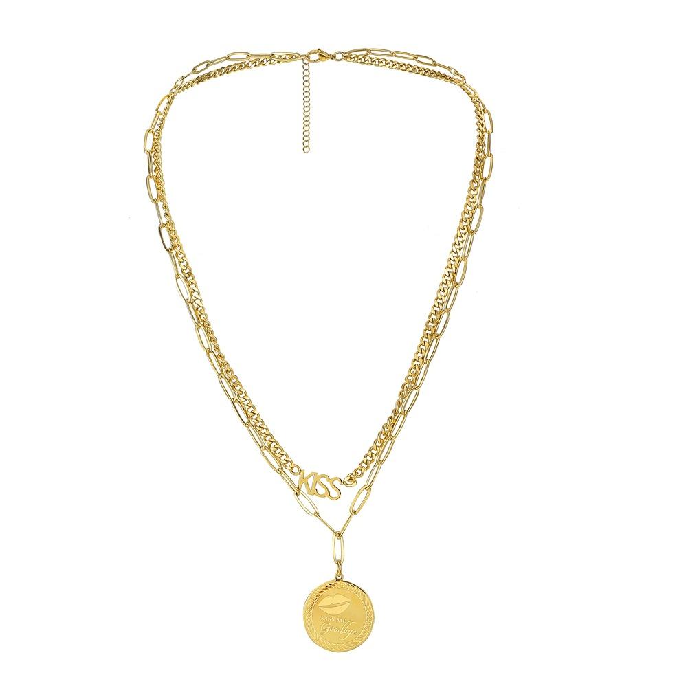 Titanium steel non-fading double-layer stacked letter round necklace KISS pendant collarbone chain versatile adjustable sweater chain