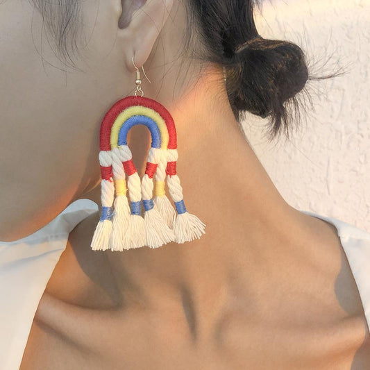 E991 Fashion Tassel Earrings Handwoven Personality Stud Earrings Bohemian Ethnic Rainbow Earrings