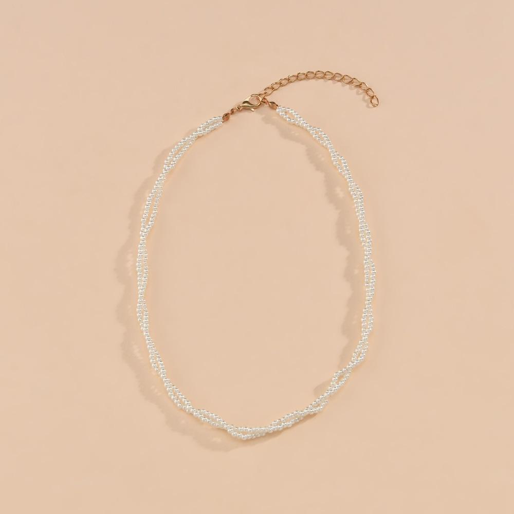 Fashionable millet grain imitation pearl braided twist winding temperament double layer short necklace collarbone necklace