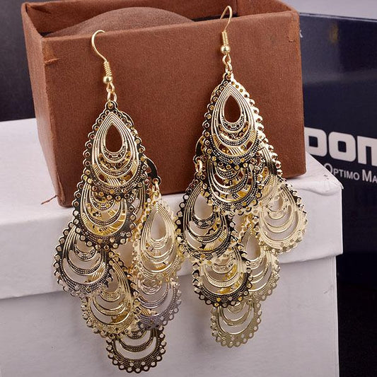 Long Hollow Out Big Water Drop Earrings Yunnan Minority Fashion Metal Earrings