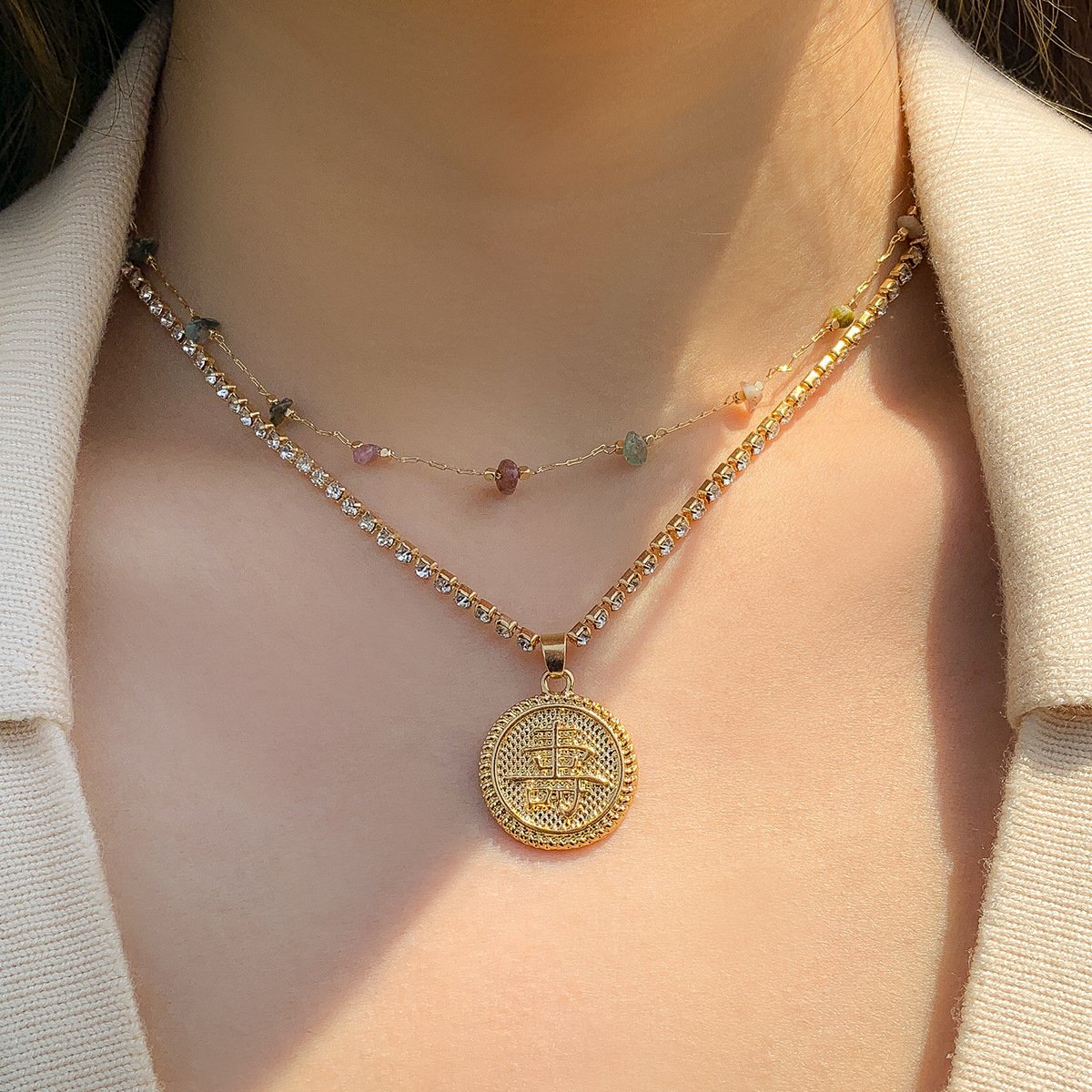 Jewelry Retro Claw Chain Pendant Necklace Ethnic Irregular Gravel Double-layer Chinese Character Necklace Female